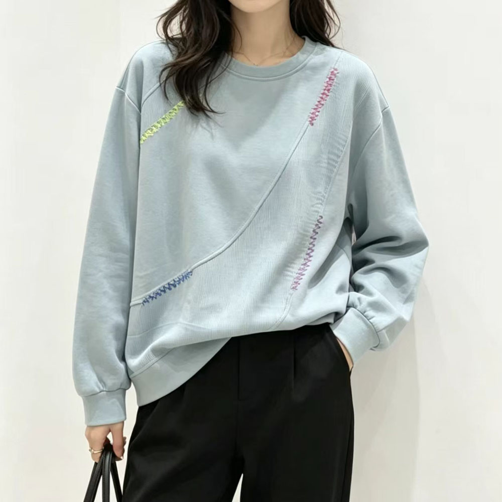 秋装新款时尚不规则刺绣T恤圆领遮肚大码上衣宽松休闲套头卫衣女t