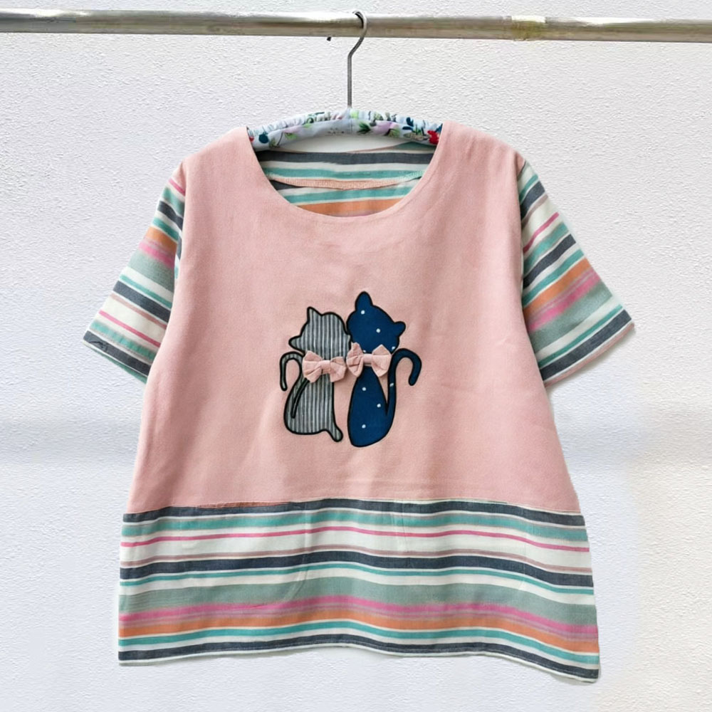 夏季新款时尚绣花猫咪撞色条纹拼接宽松显瘦女衬衫短袖T恤女上衣