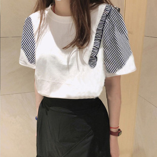 小清新时尚洋气蕾丝条纹木耳边飞袖衬衫不规则荷叶边上衣短袖T恤