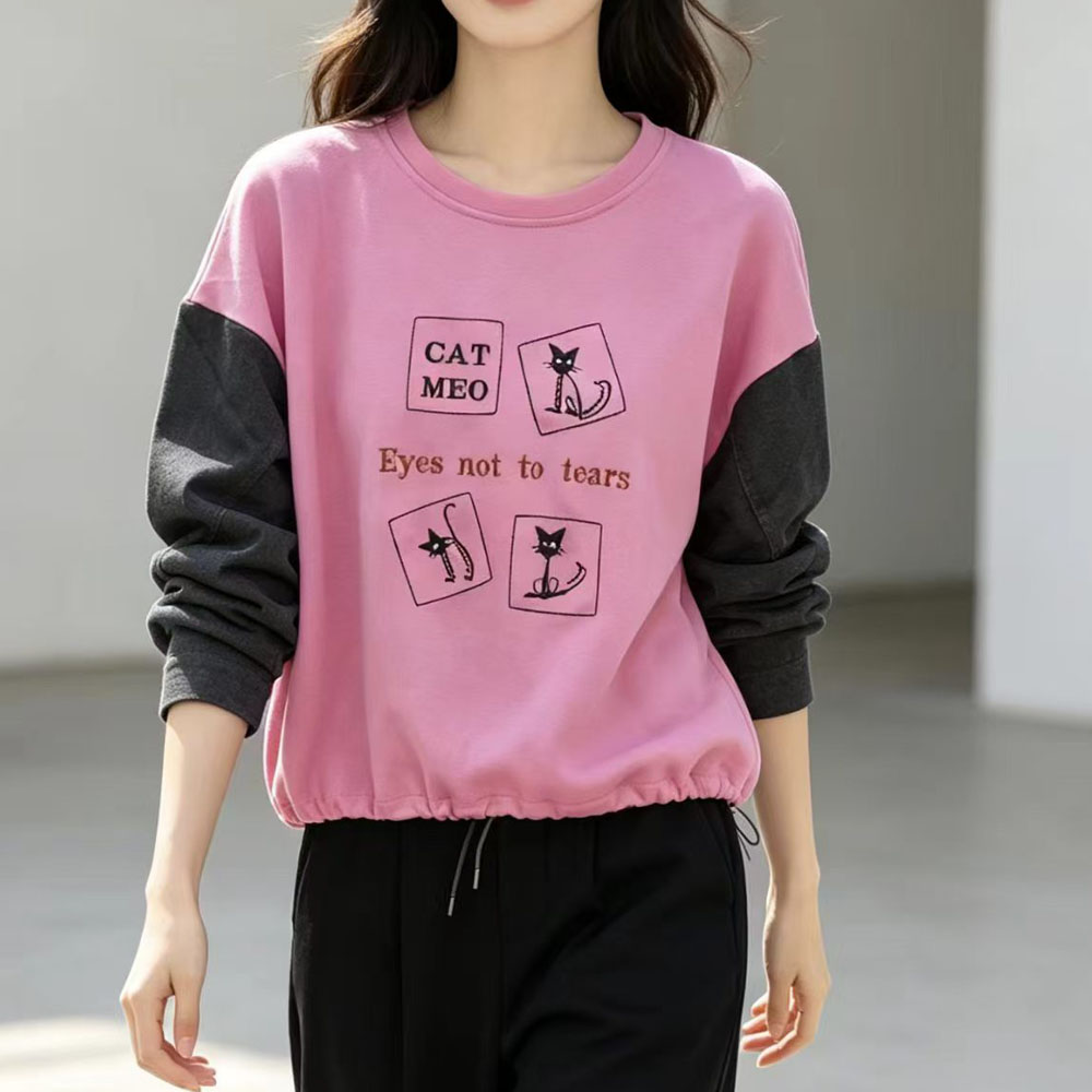 日系新款时尚牛仔长袖拼接圆领卫衣女宽松休闲抽绳上衣夹克短外套
