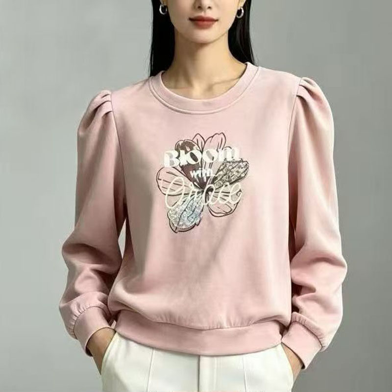 秋季新款时尚洋气印花女装上衣泡泡袖圆领T恤宽松显瘦套头卫衣
