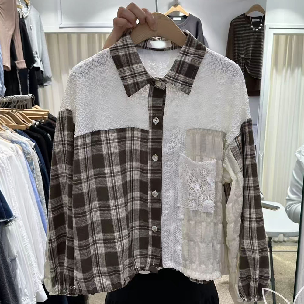秋季新款时尚韩版钩花蕾丝拼接翻领格子衬衫抽绳长袖上衣女短外套