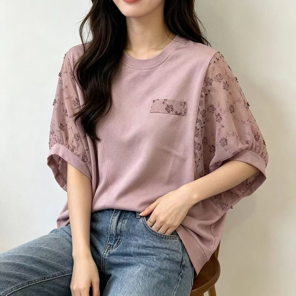 夏季新款花朵蕾丝泡泡袖拼接圆领宽松显瘦大码女装上衣短袖体恤衫
