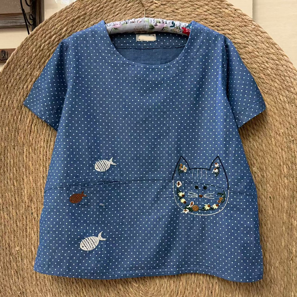韩版宽松休闲显瘦猫头图案短袖T恤洋气减龄套头圆领女装大码上衣