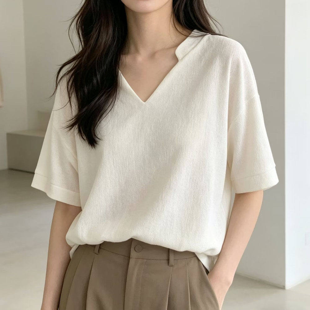 韩版时尚减龄V领短袖体t恤前短后长套头小衬衫宽松百搭简约女上衣