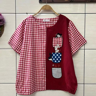 日系卡通不规则撞色印花条纹衬衫宽松休闲大码女装上衣短袖T恤