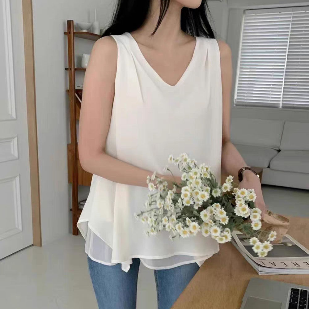 夏季韩版不规则荷叶边雪纺衫宽松显瘦无袖衬衫女装V领独特上衣