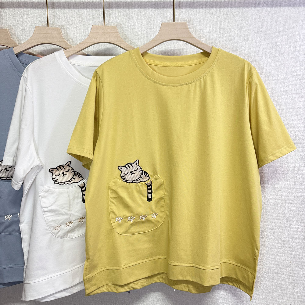 日系夏季新款时尚刺绣猫咪短袖T恤女夏圆领口袋贴布减龄显瘦上衣