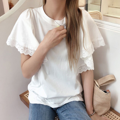蕾丝荷叶边飞飞袖娃娃衫女上衣