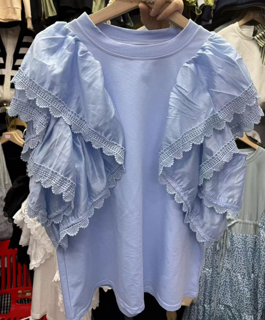 2025夏季新款时尚韩版荷叶边飞飞袖娃娃衫小飞袖上衣宽松短袖Tt恤