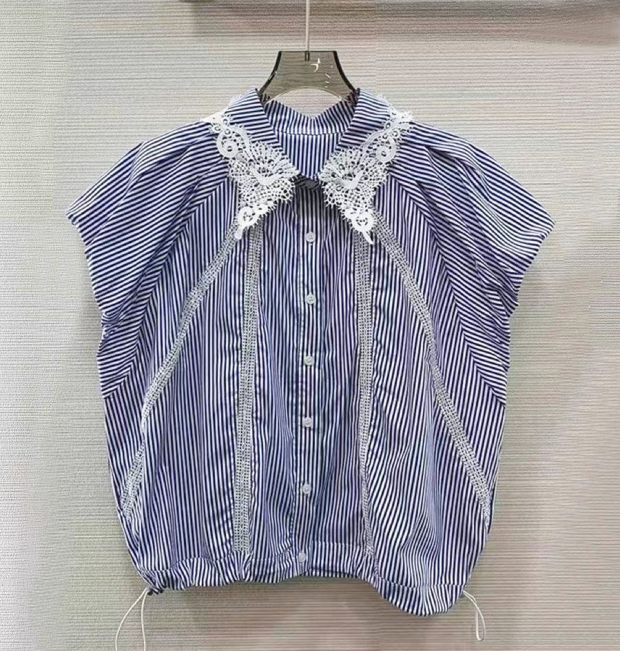 时尚条纹镂空钩花领子女装衬衫