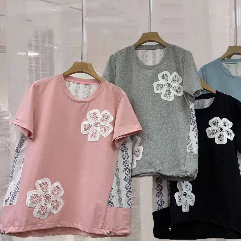 刺绣蕾丝花朵拼接抽绳显瘦体恤