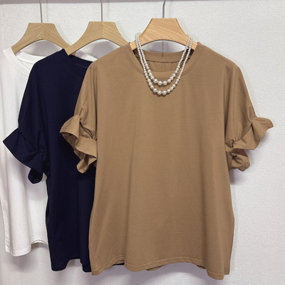 2026夏季新款减龄木耳边花苞袖t恤女装短袖T恤飞飞袖圆领港风上衣