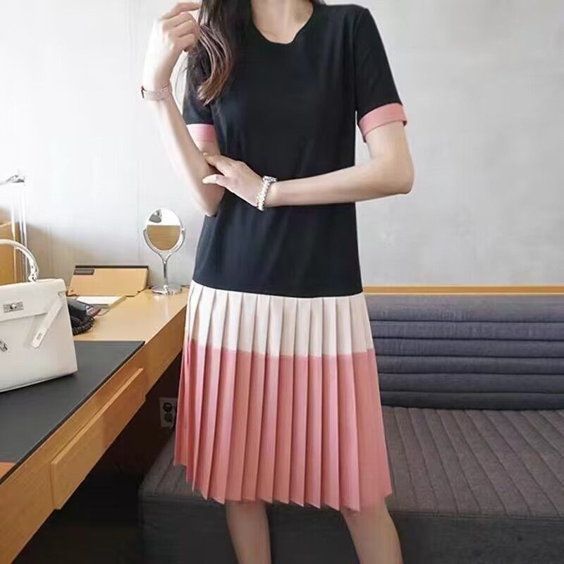 东大门女装夏季圆领短袖连衣裙2023新配色百褶拼接中长款连身裙子