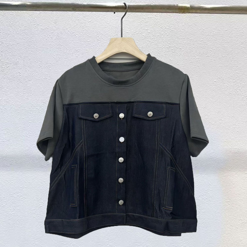 牛仔拼接设计短袖T恤女2026夏季新款撞色设计感小众宽松短款上衣