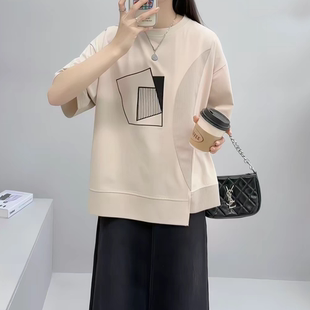 不规则荷叶摆宽松休闲几何印花短袖 上衣 T女简约百搭遮肉显瘦女装