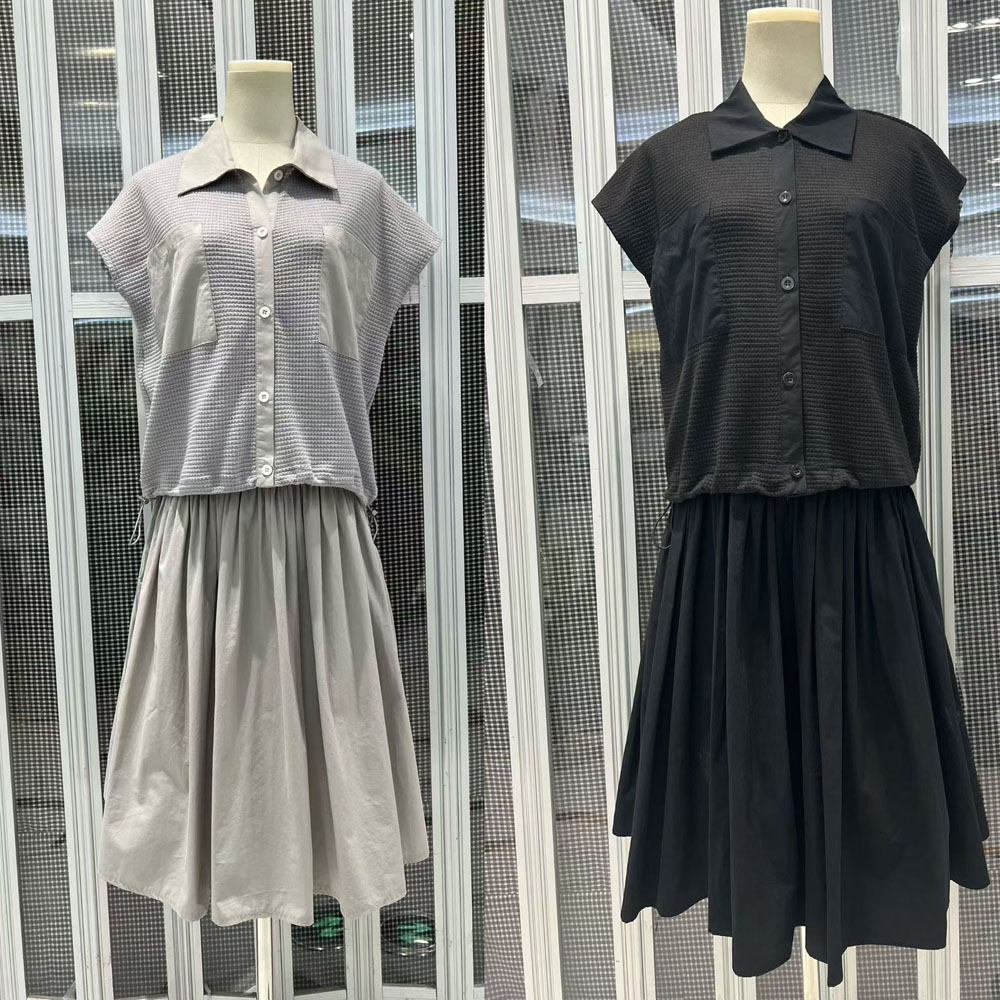 夏季翻领抽绳小衬衫+两件套高级感小个子短袖连衣裙高腰显瘦裙子