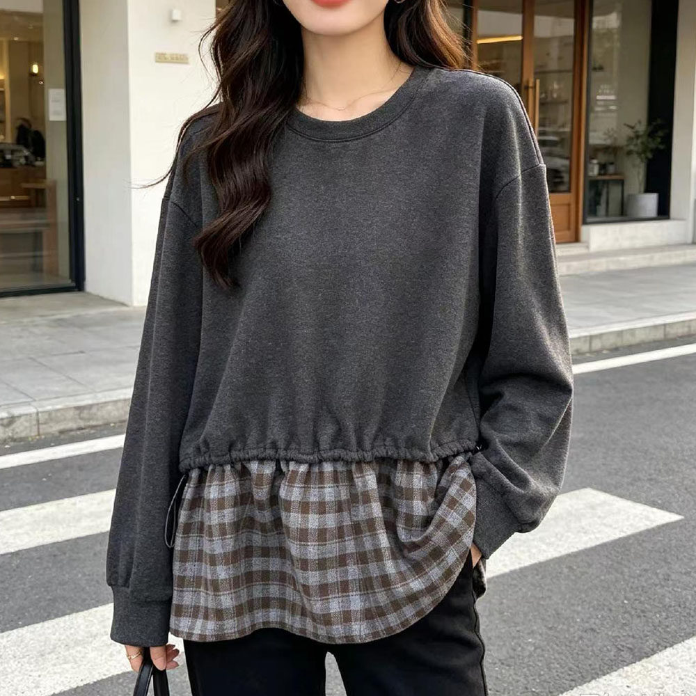 下摆抽绳格子拼接假两件套头卫衣女t2026秋季新款慵懒风长袖上衣