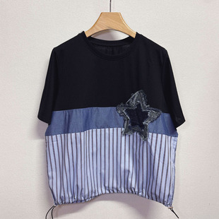 时尚不规则条纹荷叶边下摆女装短袖Tt恤宽松休闲圆领遮肚大码上衣