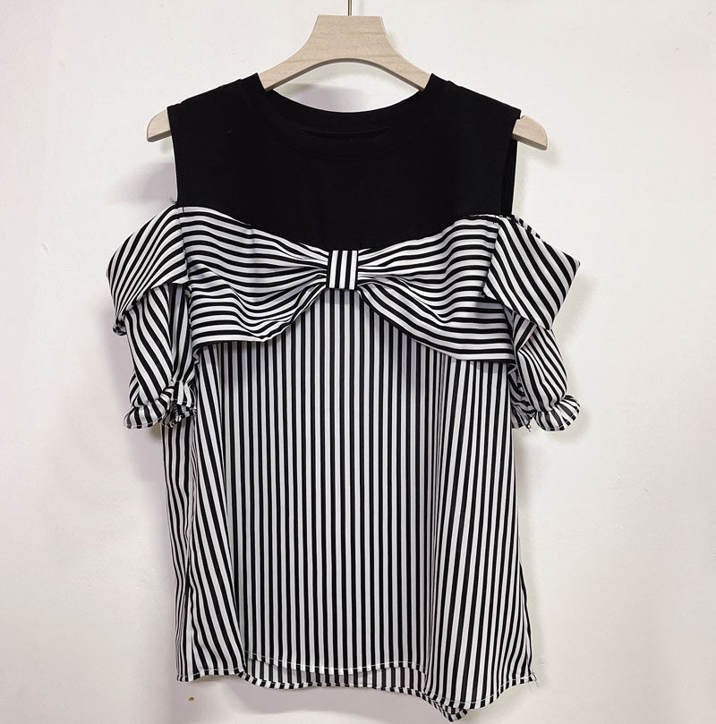 法式高级感洋气显瘦拼接露肩短袖T恤女设计感小众港风chic上衣夏