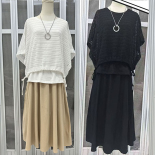 松弛感钩花镂空细腻微蝙蝠袖廓形抽绳针织衫+假两件套短袖连衣裙