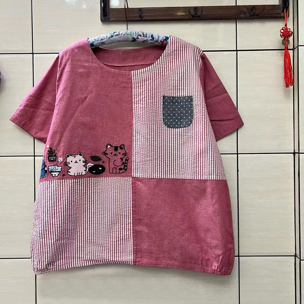 夏季新款复古贴布条纹格子猫咪衬衫宽松圆领短袖T恤女港味上衣
