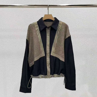 日系条纹拼接女装长袖衬衫撞色上衣假两件衬衣秋冬抽绳显瘦短外套