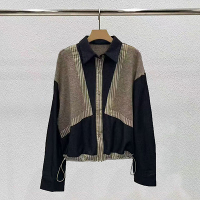 日系条纹拼接女装长袖衬衫撞色上衣假两件衬衣秋冬抽绳显瘦短外套