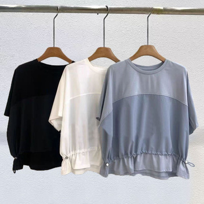 韩版宽松短袖T恤女夏季圆领抽绳下摆木耳边显瘦遮肉上衣