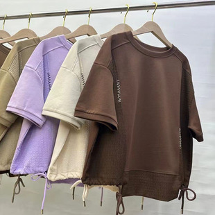 2026时尚不规则下摆抽绳女装短袖Tt恤宽松休闲圆领遮肚大码上衣