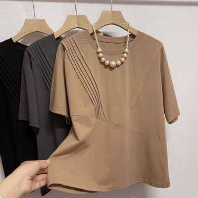 百褶拼接棉质不规则短袖体恤衫女