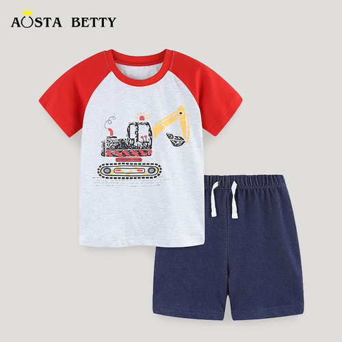 夏季男童棉质挖掘机短袖套装小童