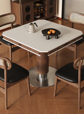 中古风岩板餐桌椅组合简约家用小户型方圆两用复古圆形四折叠餐桌