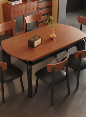 中古风实木伸缩餐桌椅组合家用小户型方圆两用胡桃色复古圆形餐桌