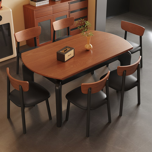 中古风实木伸缩餐桌椅组合家用小户型方圆两用胡桃色复古圆形餐桌