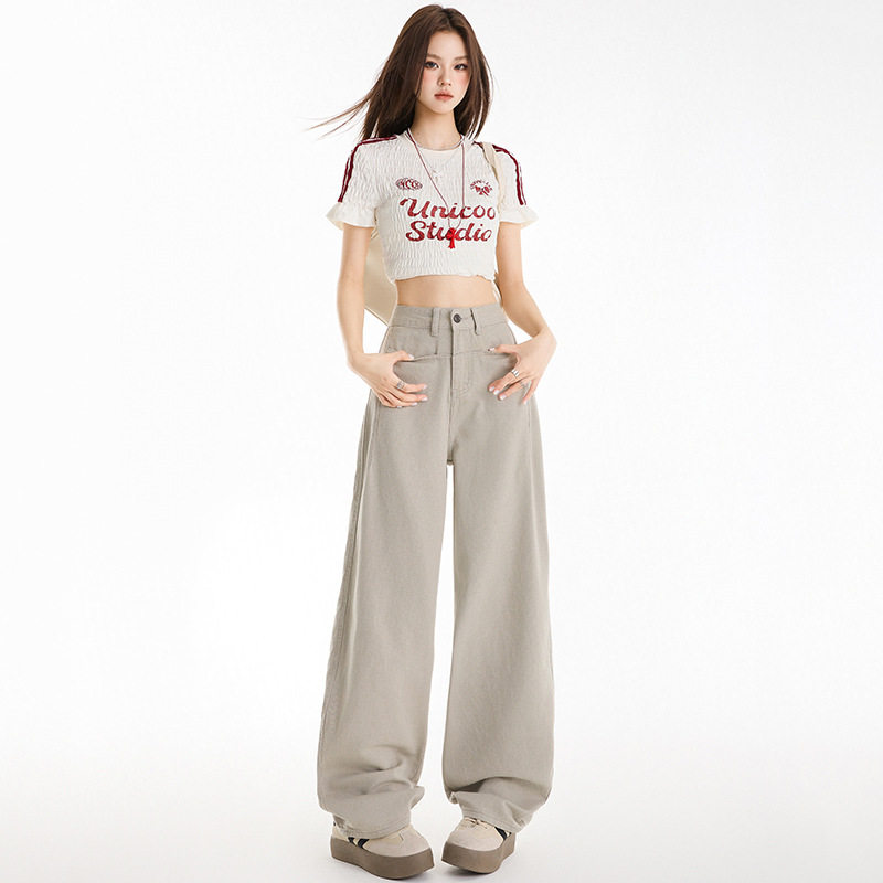 美式复古莫兰迪灰高腰阔腿牛仔裤女士垂感直筒宽松显瘦休闲慵懒风