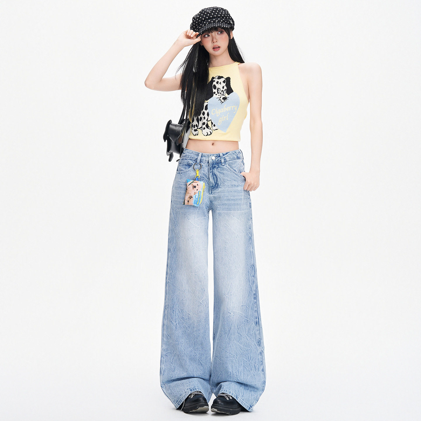 高腰宽松阔腿牛仔裤女士百搭显瘦直筒垂感休闲复古绣标纹理慵懒风