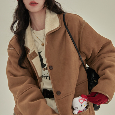 OMELET蛋卷-复古百搭皮包边大口袋中长麂皮毛毛外套大衣GWW24574