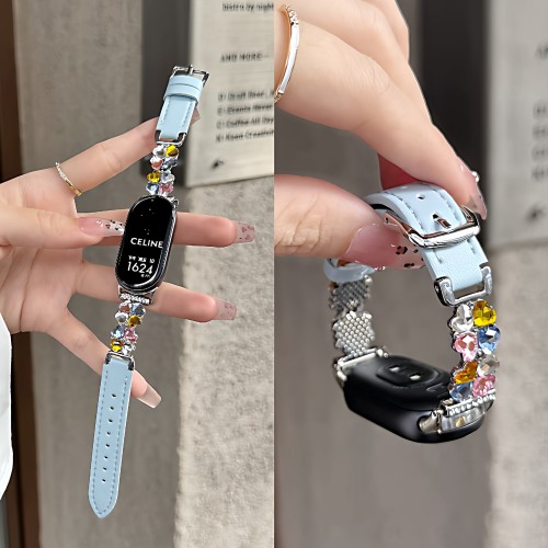 四叶草拼皮款适用苹果手表iwatchS10表带小米89pro小香风镶钻腕带