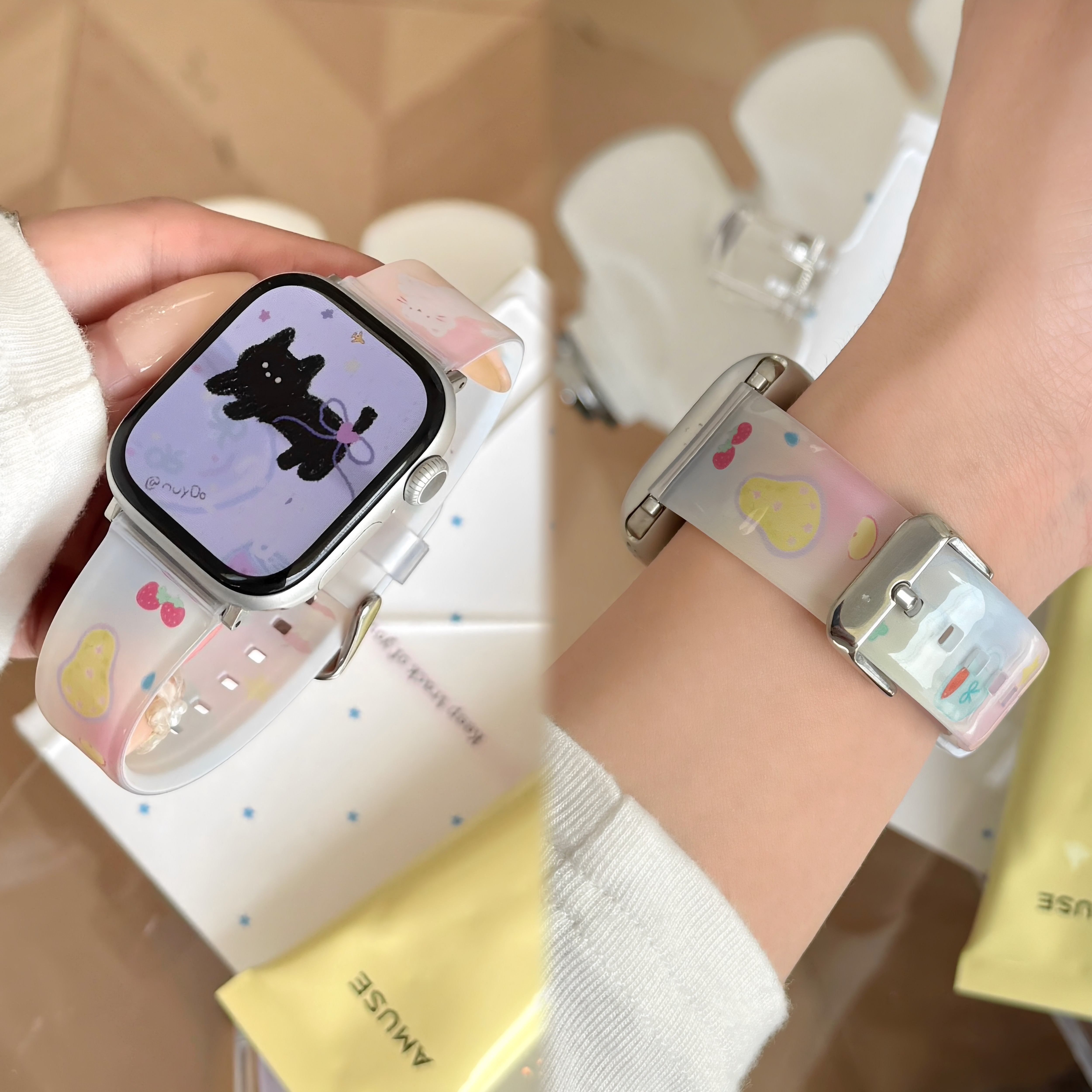 适用苹果iwatchS11表带果冻透卡通猫咪applewatch10/9/SE透气腕带