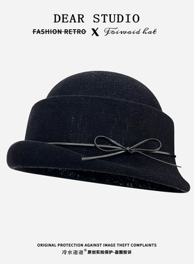 留洋千金~复古法式贵气黑色礼帽子女春夏季气质蝴蝶结渔夫帽盆帽