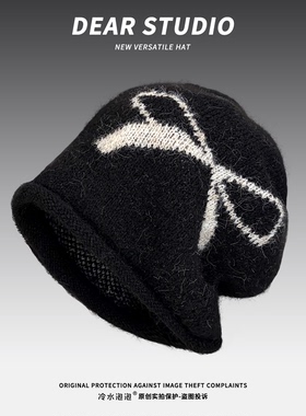 蝴蝶结针织冷帽女冬季2025新款大头围堆堆帽保暖百搭针织帽包头帽