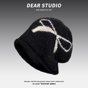 蝴蝶结针织冷帽女冬季2025新款大头围堆堆帽保暖百搭针织帽包头帽