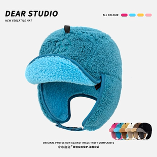 松石绿羊羔绒花朵刺绣雷锋帽子女秋冬季加厚保暖护耳帽防寒飞行帽