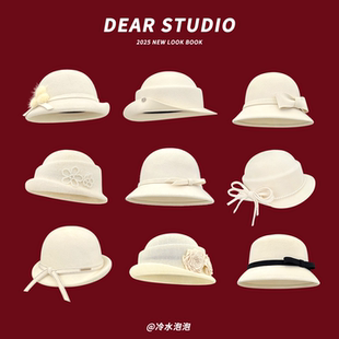 法式优雅赫本风白色礼帽女秋冬季名媛气质百搭显脸小千金渔夫帽子