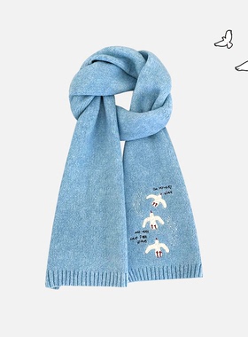 韩版学院风小白鸽刺绣围巾女秋冬季保暖休闲百搭情侣羊毛针织围脖