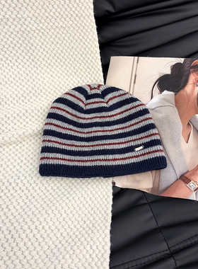 韩国ig博主同款撞色条纹针织帽子女冬季保暖毛线护耳帽显脸小冷帽