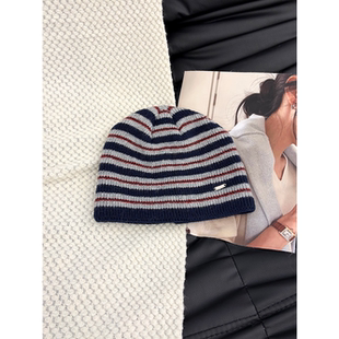 韩国ig博主同款 保暖毛线护耳帽显脸小冷帽 撞色条纹针织帽子女冬季