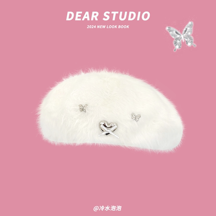 日系可爱蝴蝶结兔毛毛绒贝雷帽子女秋冬季千金甜美百搭y2k画家帽