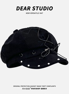 亚文化朋克辣妹风铆钉黑色八角帽子女y2k小众千禧骷髅头贝雷帽潮